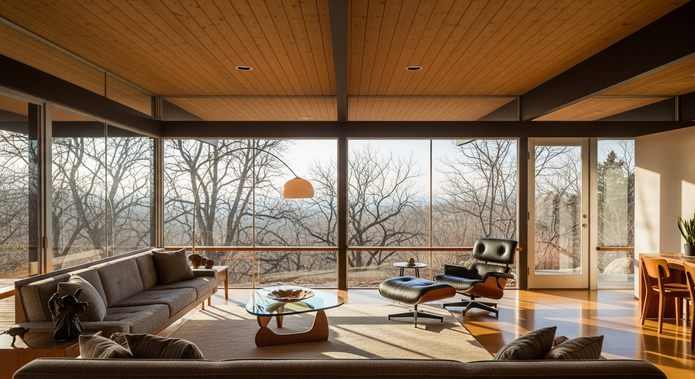 Mid-century modern Denver home interior with walls of glass and clean architectural lines